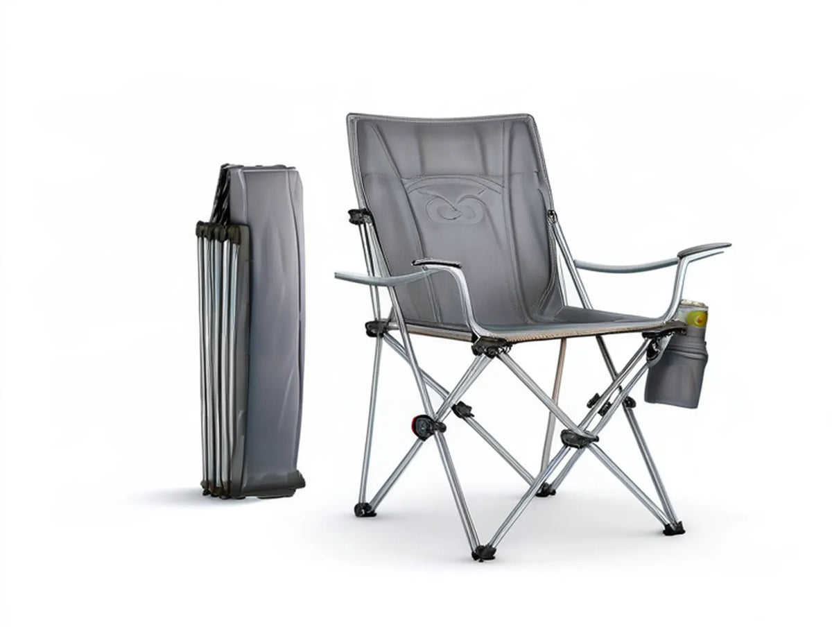 Gray High-Back Padded Folding Camping Chair with Cup Holder, 60 x 60 x 105 cm