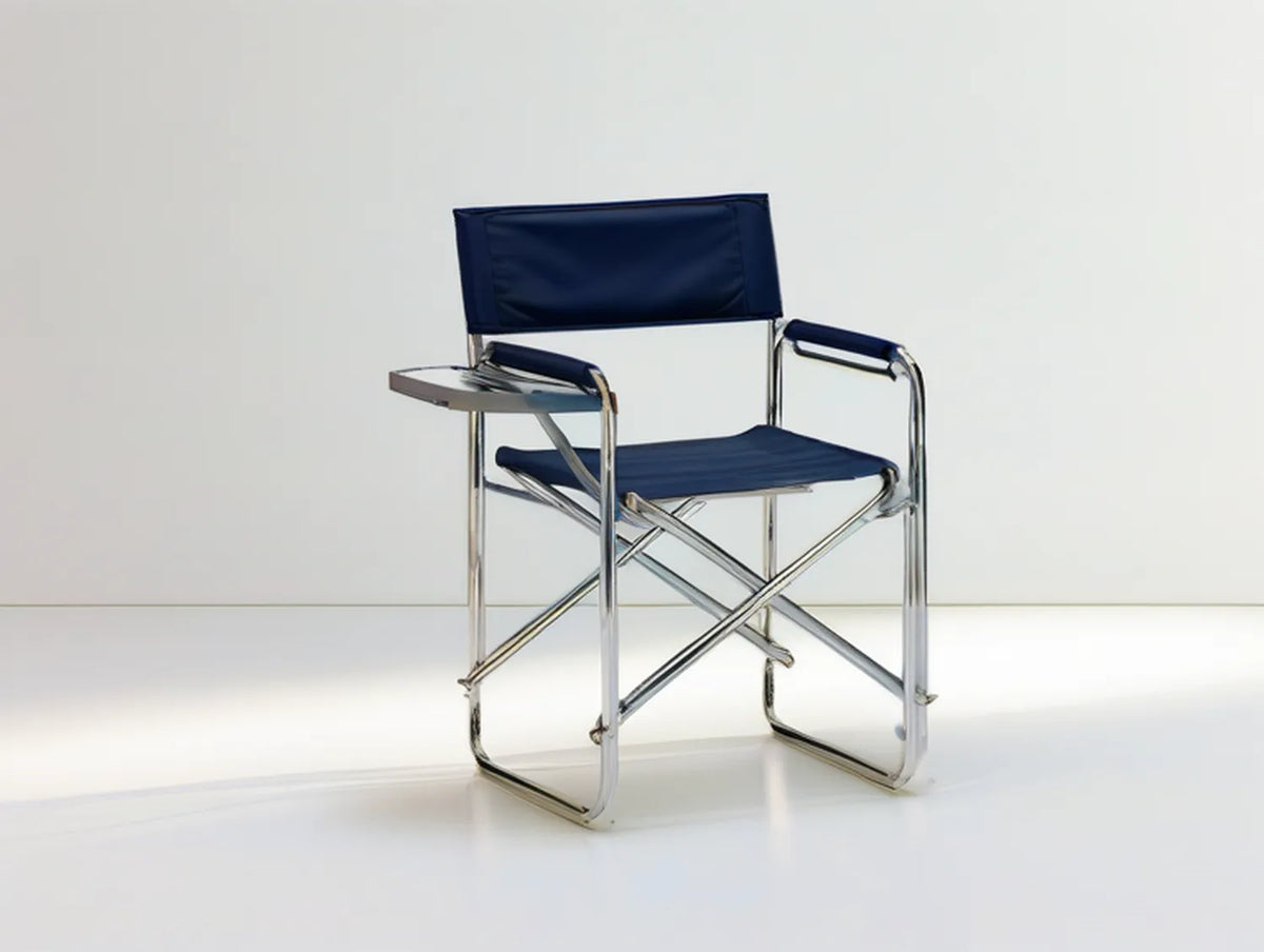 Navy Blue Folding Director Chair with Side Table, Steel Frame, 22.8 x 19.7 x 33.1 in