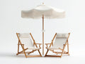 2 Folding Beech Wood Reclining Beach Chairs with 78.7 in Round Cotton Canvas Fringe Umbrella, Natural/White
