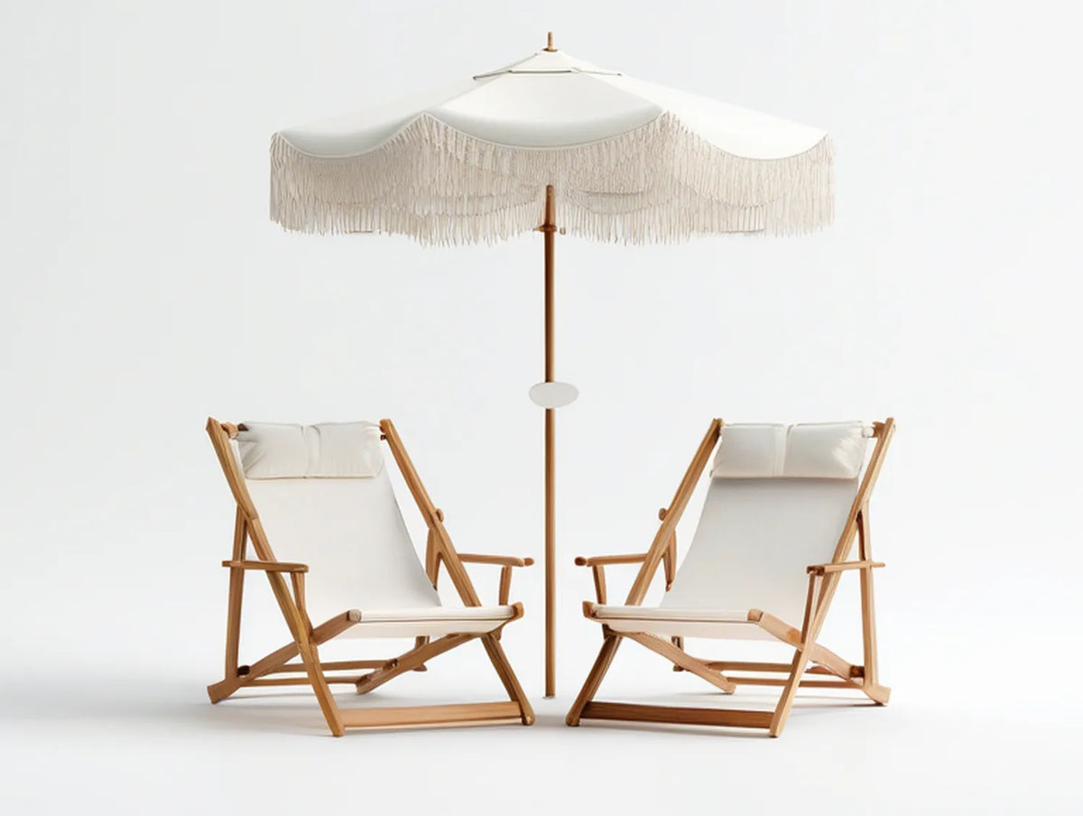 2 Folding Beech Wood Reclining Beach Chairs with 78.7 in Round Cotton Canvas Fringe Umbrella, Natural/White