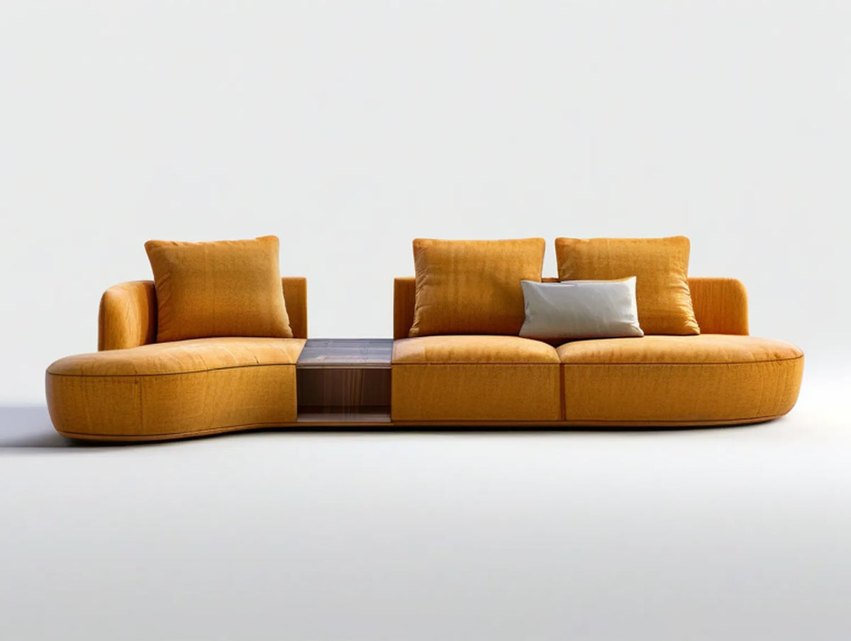 Mustard Yellow Modular 3-Seat Sectional Sofa with Dark Walnut Center Table and Gray Accent Cushion, 118 x 39 x 32 in