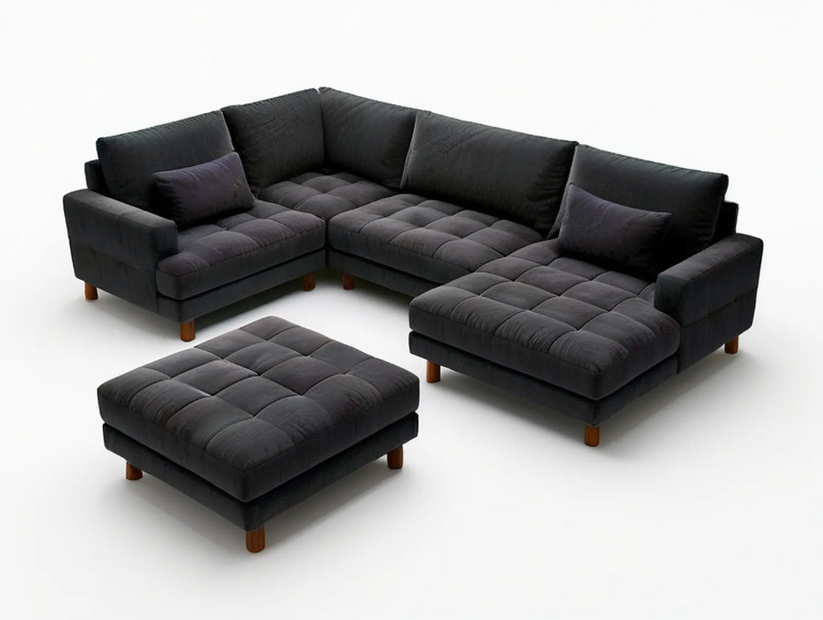 112 in Dark Gray Polyester Velvet L-Shaped Sectional Sofa with Ottoman and Brown Wood Legs