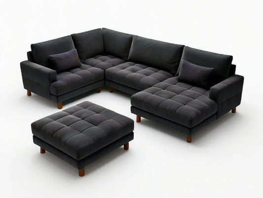 112 in Dark Gray Polyester Velvet L-Shaped Sectional Sofa with Ottoman and Brown Wood Legs