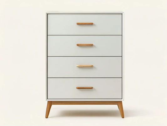 4-Drawer White MDF Dresser with Natural Rubberwood Legs, 31.5 x 15.7 x 43.3 in
