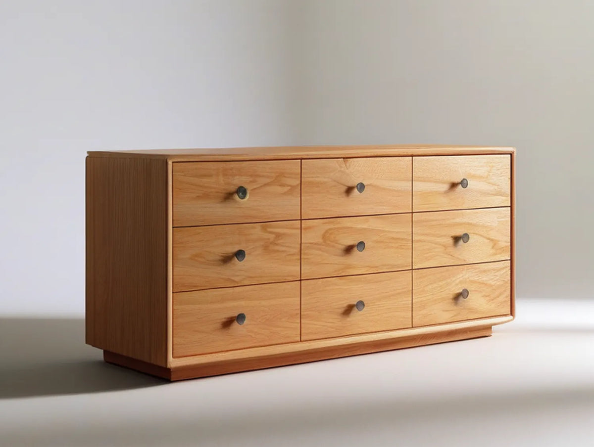 9-Drawer Natural Oak Dresser with Black Knobs, 60 x 18 x 32 in