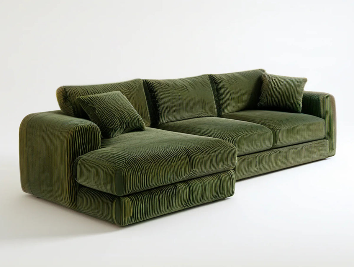 112 in L-Shaped Olive Green Polyester Corduroy Chaise Sofa, 112 x 65 x 32 in
