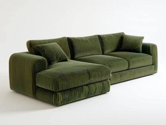 112 in L-Shaped Olive Green Polyester Corduroy Chaise Sofa, 112 x 65 x 32 in
