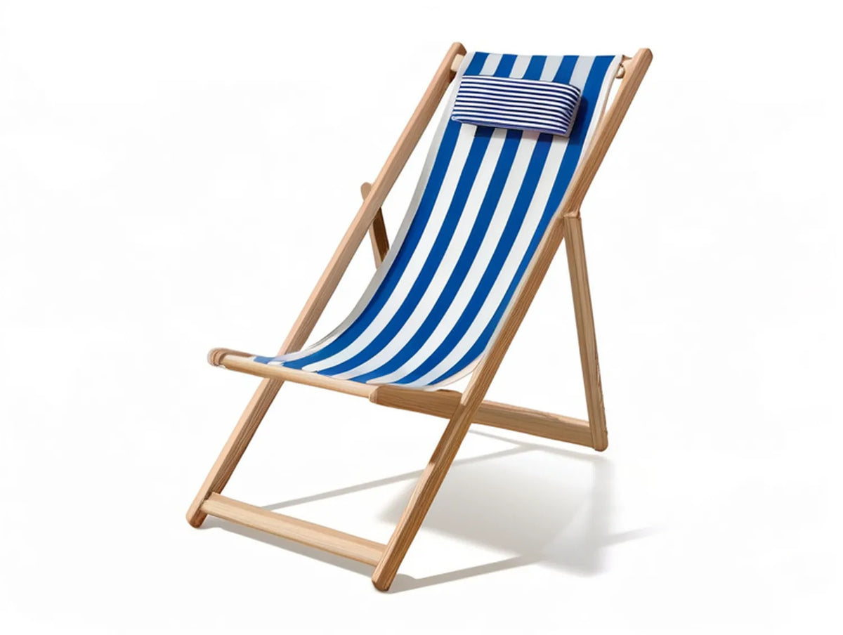 Folding Beech Wood Deck Chair with Blue and White Striped Cotton Canvas Sling and Head Pillow, 54 x 92 x 98 cm