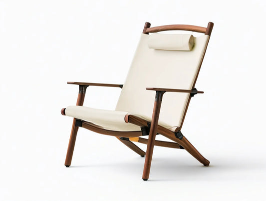 Folding Canvas Sling Chair, 27.6 x 23.6 x 37.4 in, Solid Beech Wood Frame, Ivory/Brown/Black