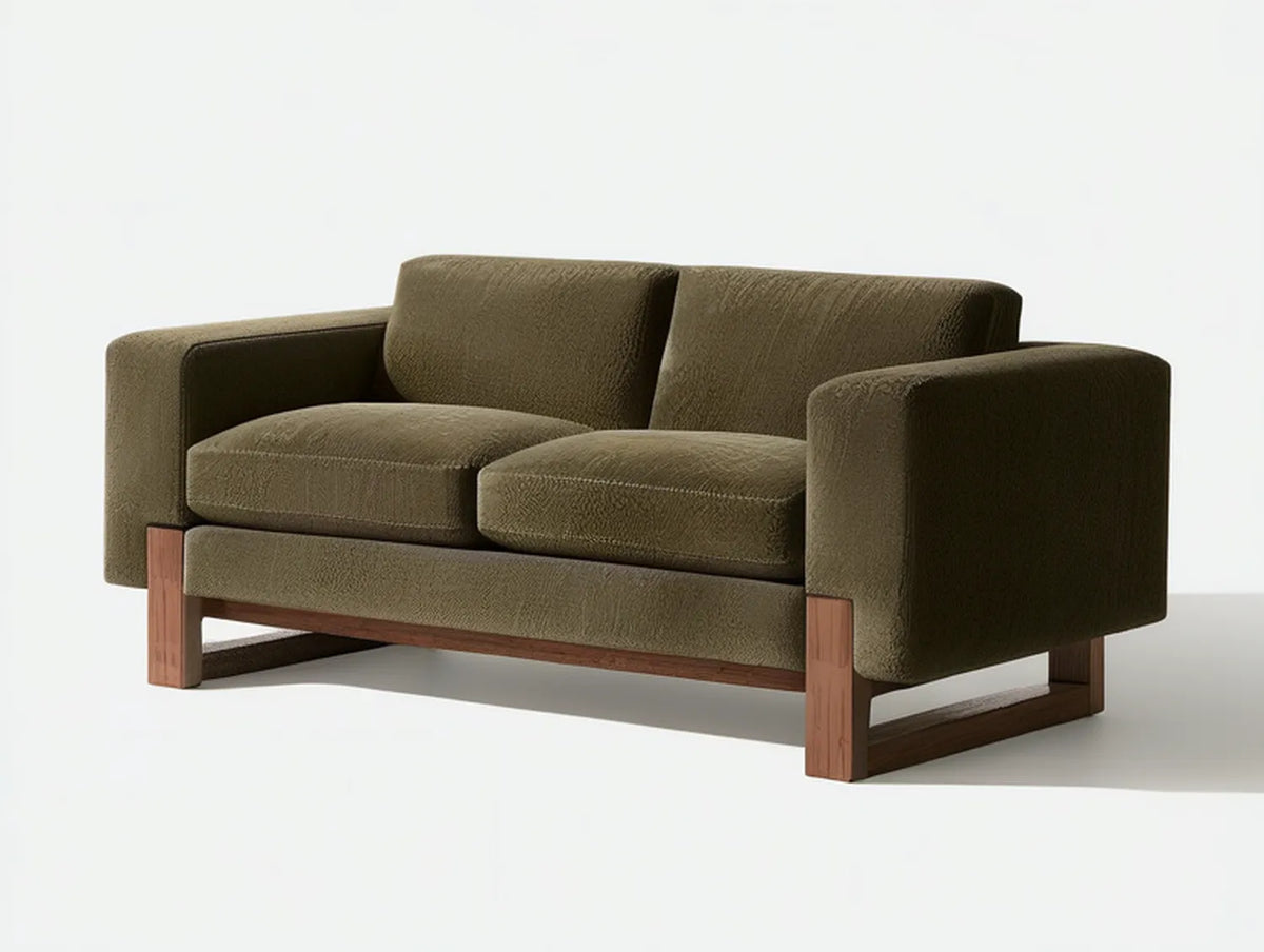 Olive Green Polyester Upholstered 63 in 2-Seat Sofa with Brown Rubberwood Base