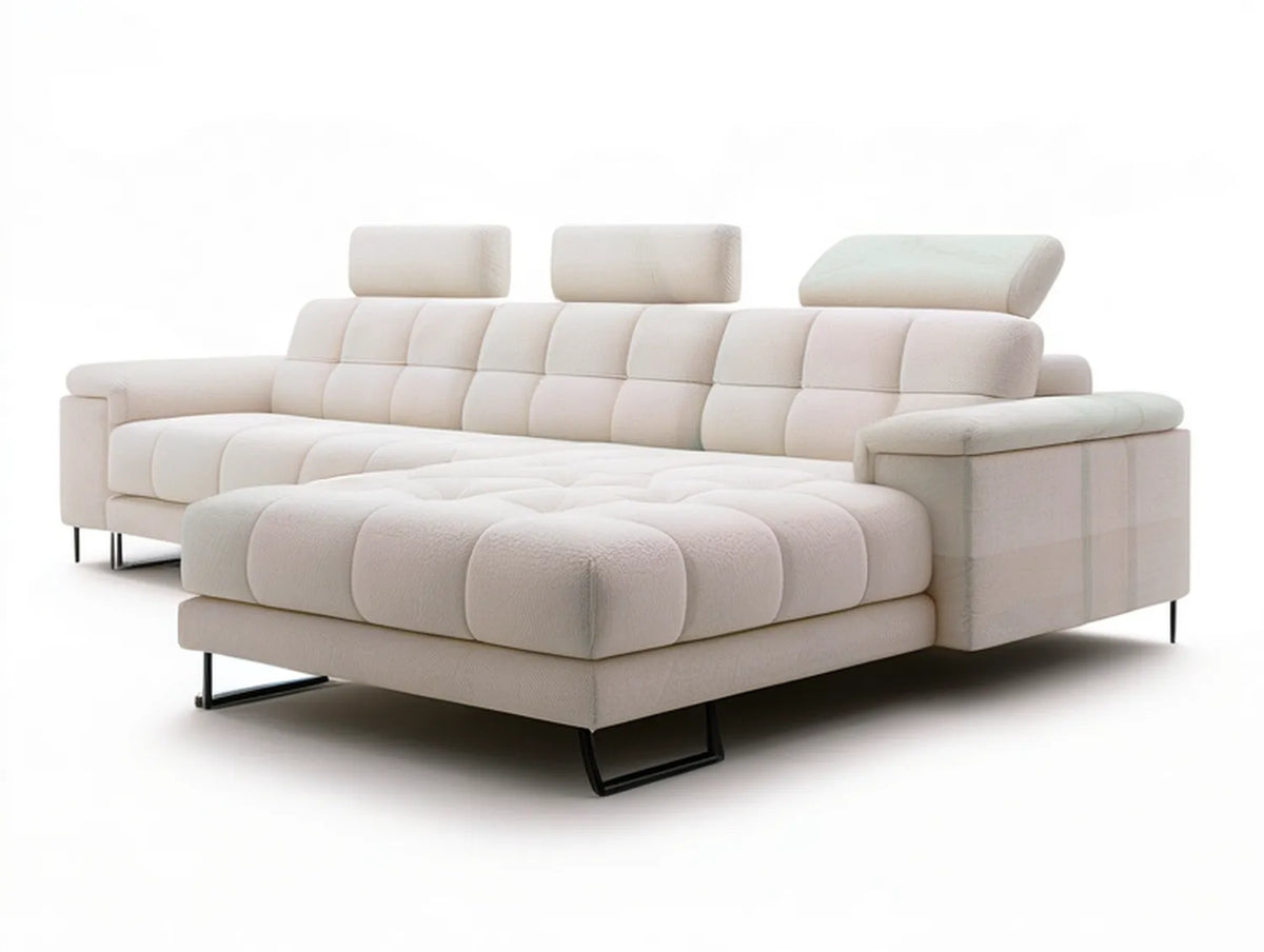 Ivory Boucle L-Shaped Sectional Sofa with Chaise and Adjustable Headrests, 118 x 65 x 37.4 in