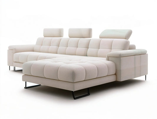 Ivory Boucle L-Shaped Sectional Sofa with Chaise and Adjustable Headrests, 118 x 65 x 37.4 in
