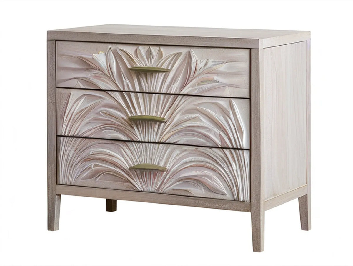 3-Drawer Chest, 36 x 18 x 36 in, Gray with Ivory Floral Relief and Brass-Tone Pulls