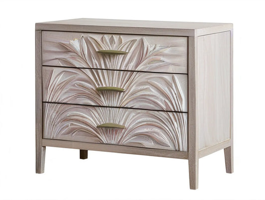 3-Drawer Chest, 36 x 18 x 36 in, Gray with Ivory Floral Relief and Brass-Tone Pulls