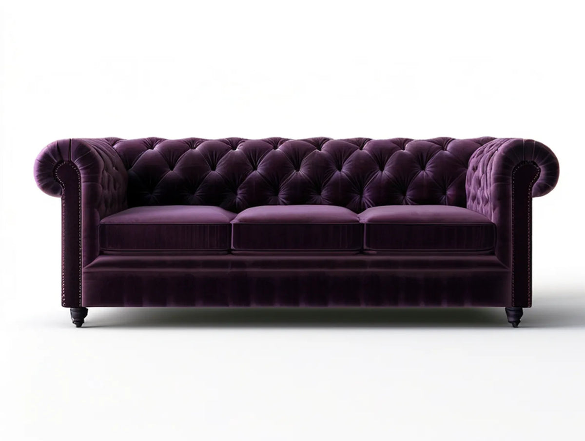 Purple Chesterfield 3-Seater Polyester Velvet Sofa, 90 x 37 x 30 in