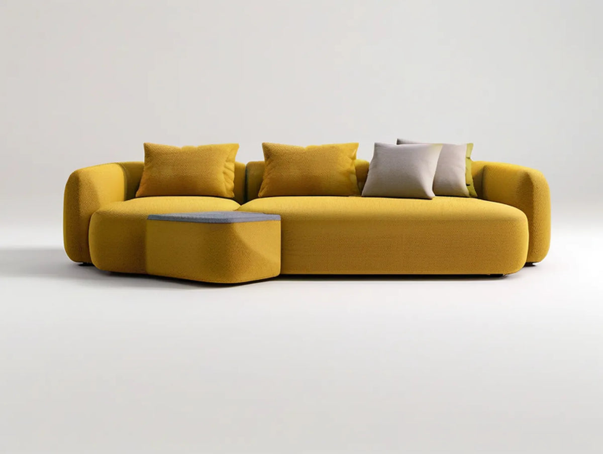 Mustard Yellow Curved Sectional Sofa and Ottoman Set with Gray Top, Light Gray Cushions, 118.1 x 39.4 x 28.7 in