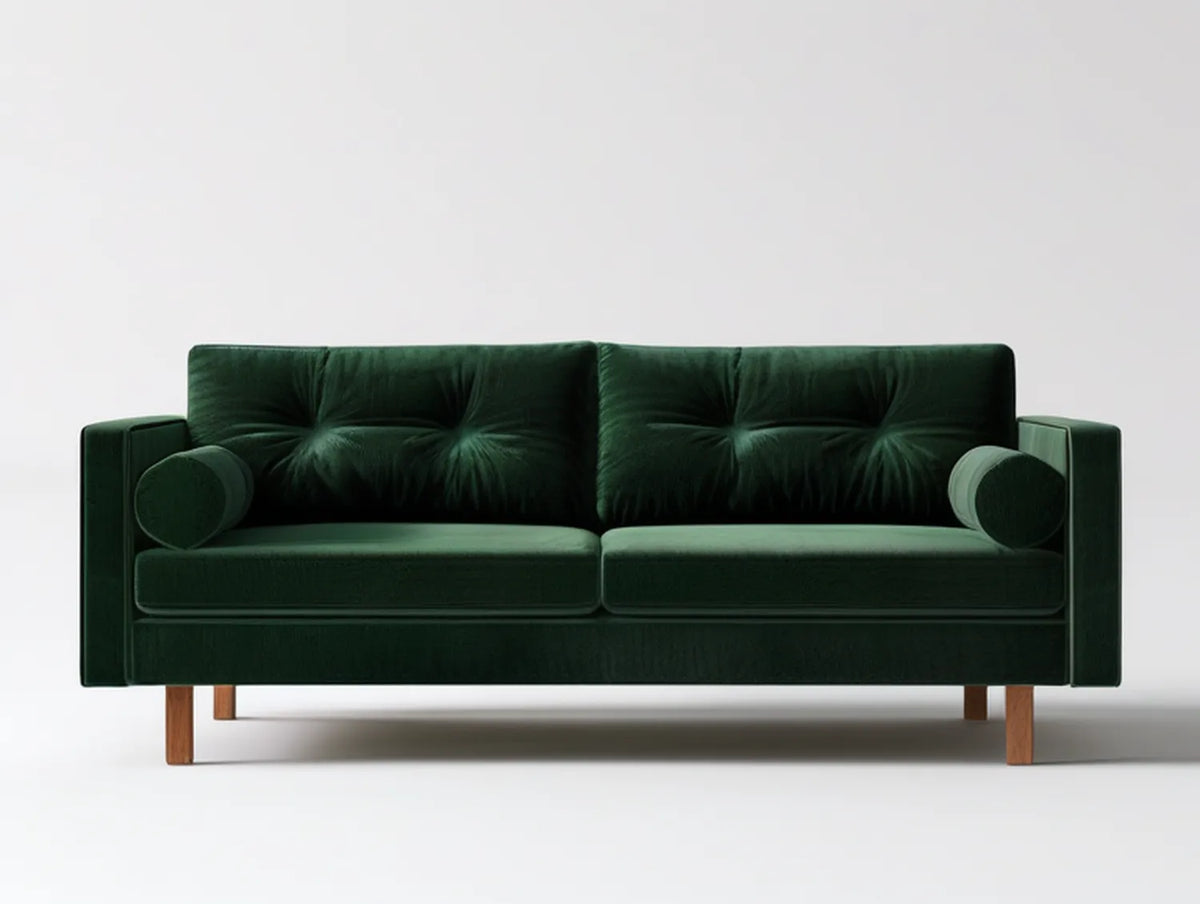 Dark Green Velvet Two-Seat Sofa with Bolster Pillows, 66.9 x 33.5 x 33.1 in